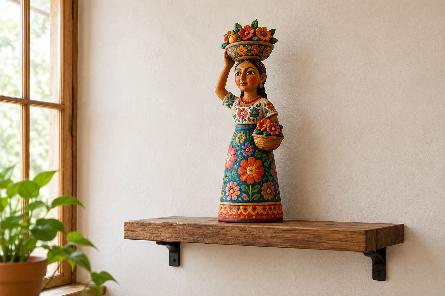 Ceramic market-woman figure fully supported on an uncluttered wall shelf