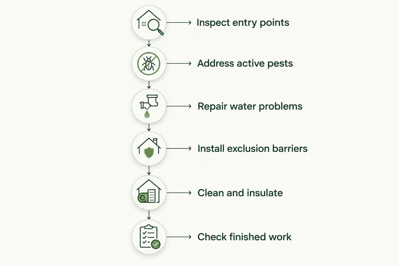 Sequence for pest inspection, repairs, exclusion, cleanup, insulation, and final checks