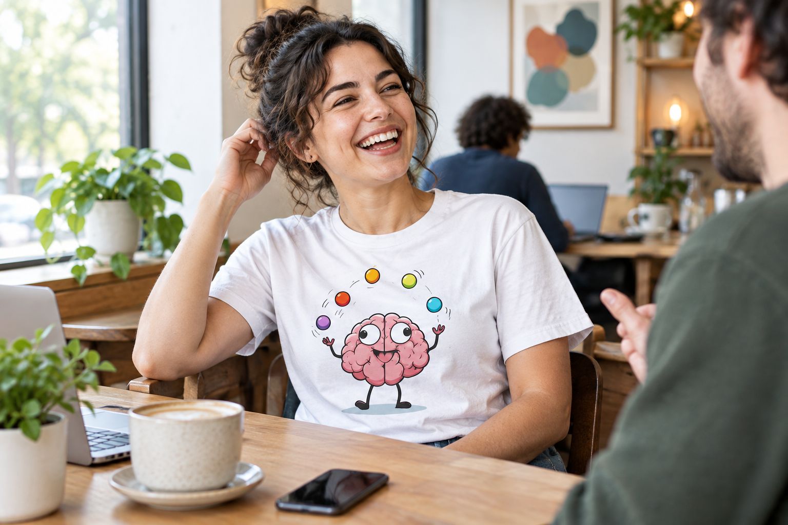 Person wearing the Too Much Not Enough ADHD t-shirt in a coffee shop