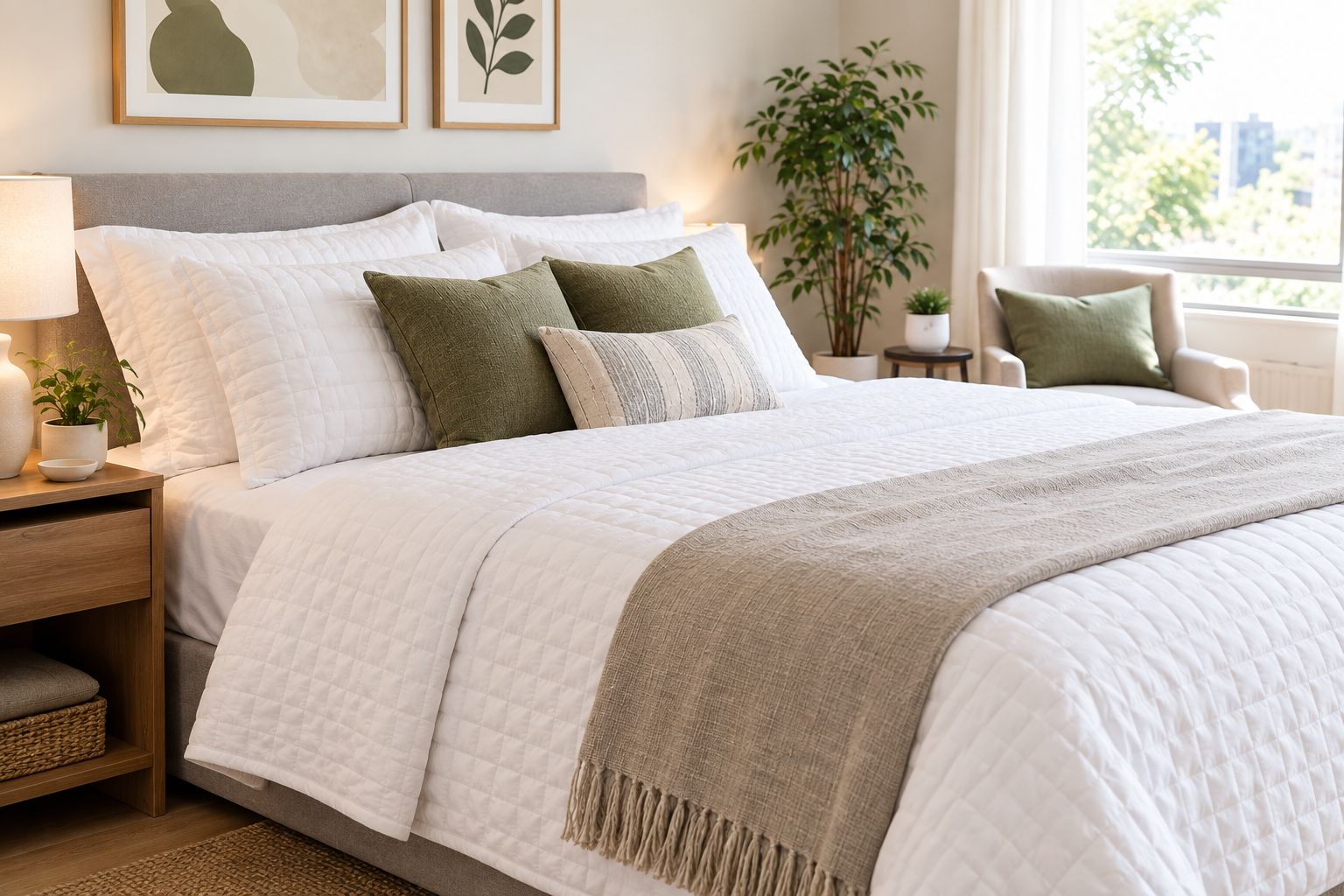 Neutral white bedding made up in a bright rental bedroom