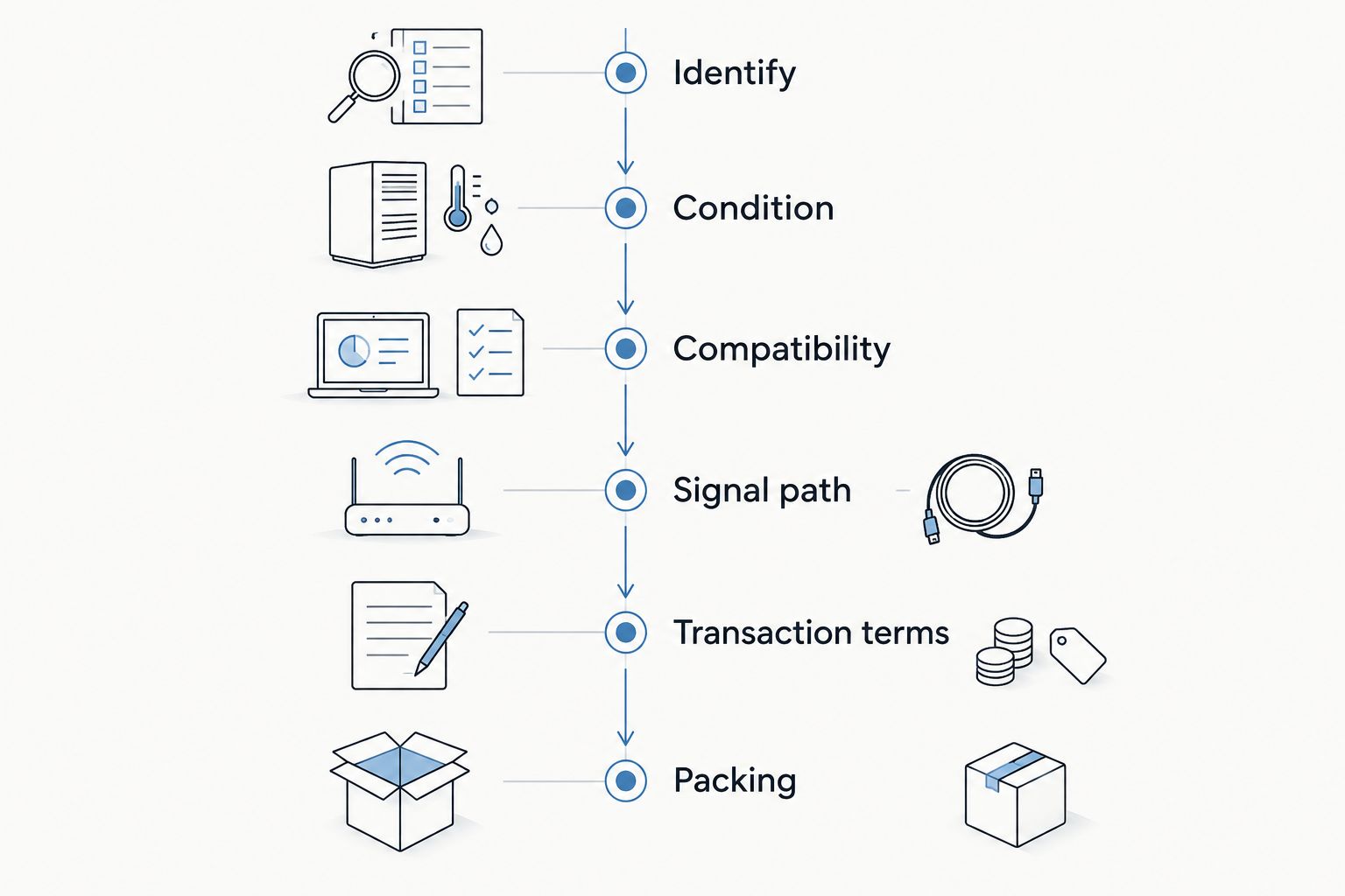Inspection sequence covering identification, condition, compatibility, testing, transaction terms, and packing