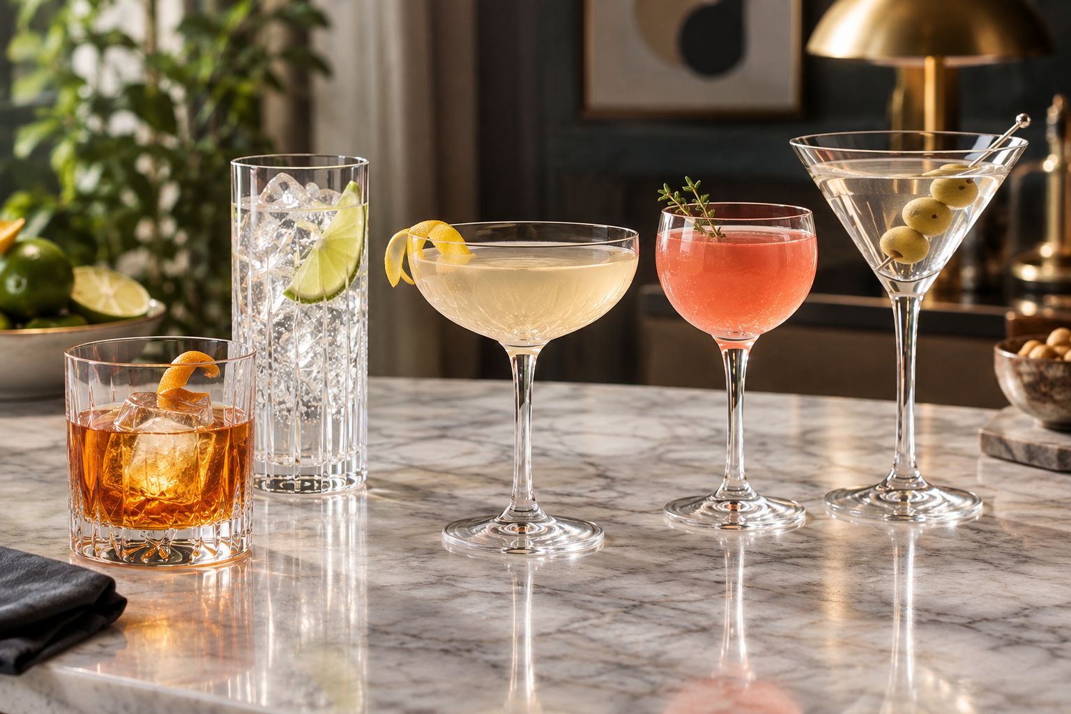 Rocks, highball, coupe, Nick & Nora, and martini glass shapes arranged on a home bar