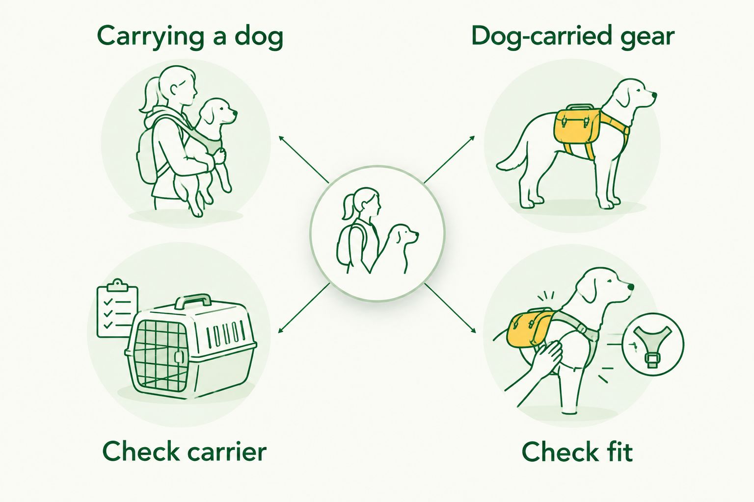 Two columns distinguish carrying a dog from a dog carrying gear.