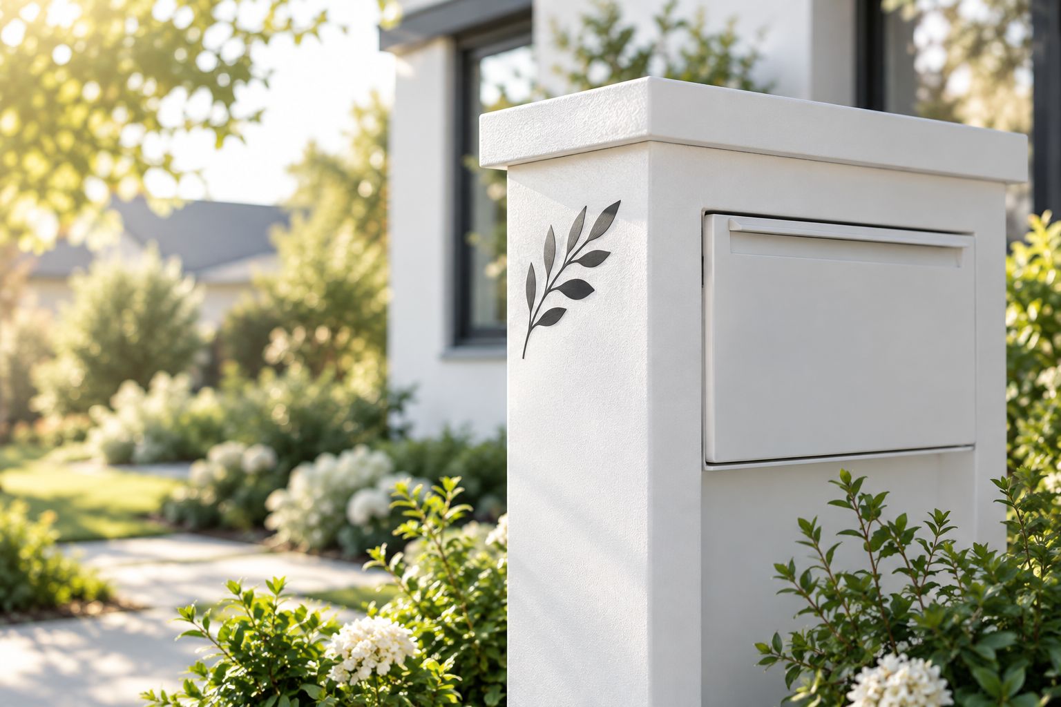Close-up of a vinyl decal applied to a modern mailbox post in morning light
