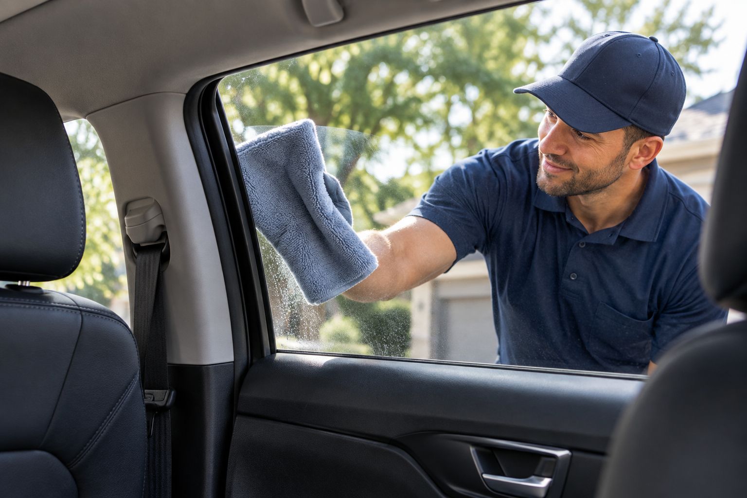 An adult using a clean microfiber cloth on the inside of a parked car's side window