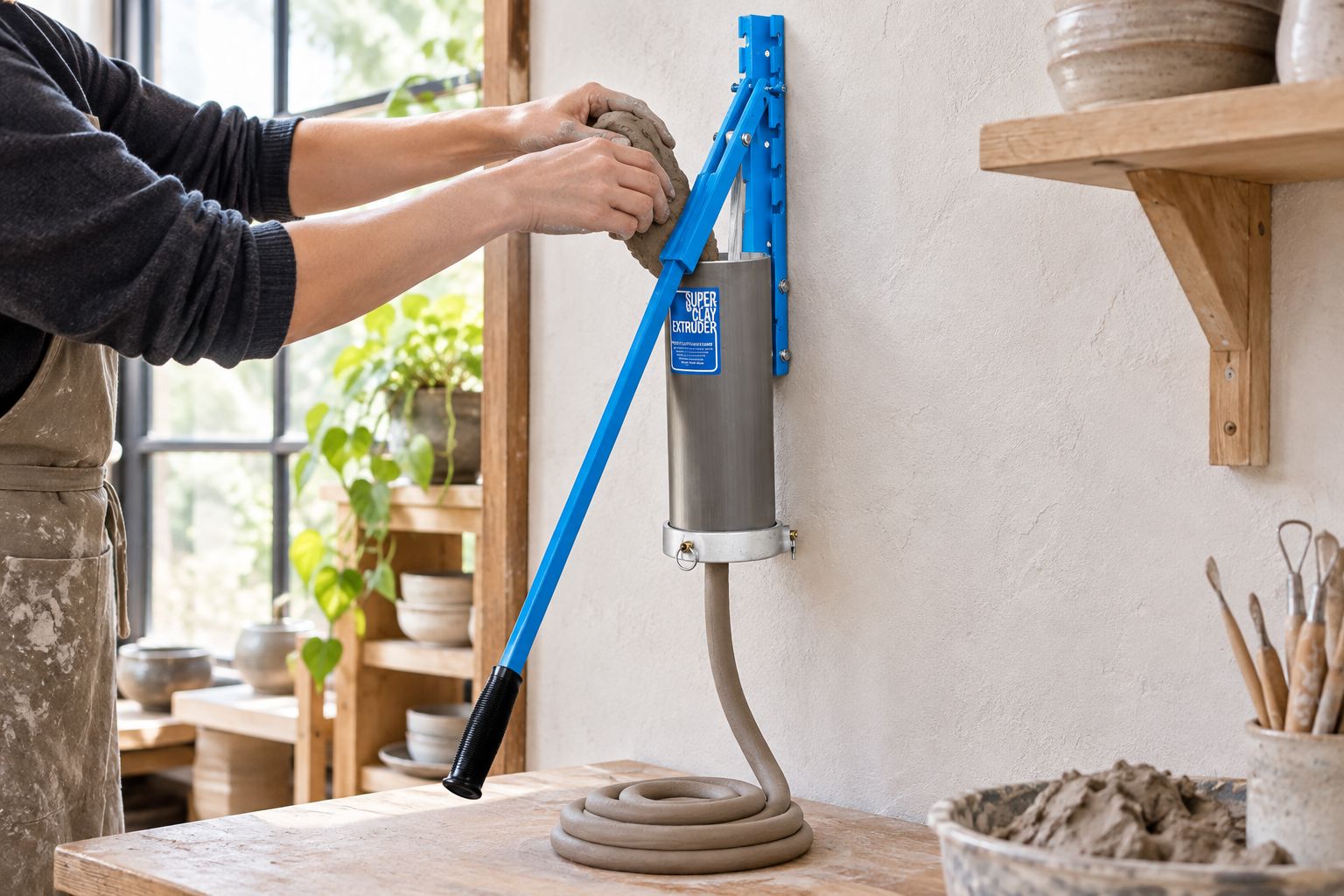 Wall-mounted clay extruder in a pottery studio with a fresh coil on the table