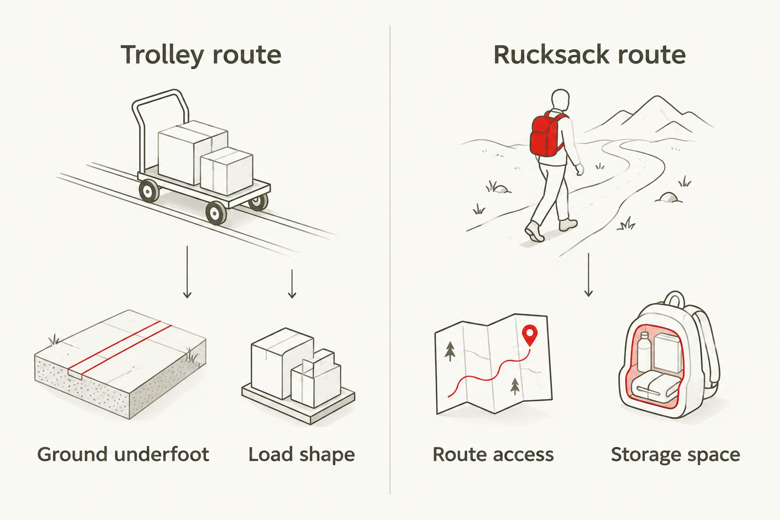 Two-column comparison of trolley and rucksack route checks