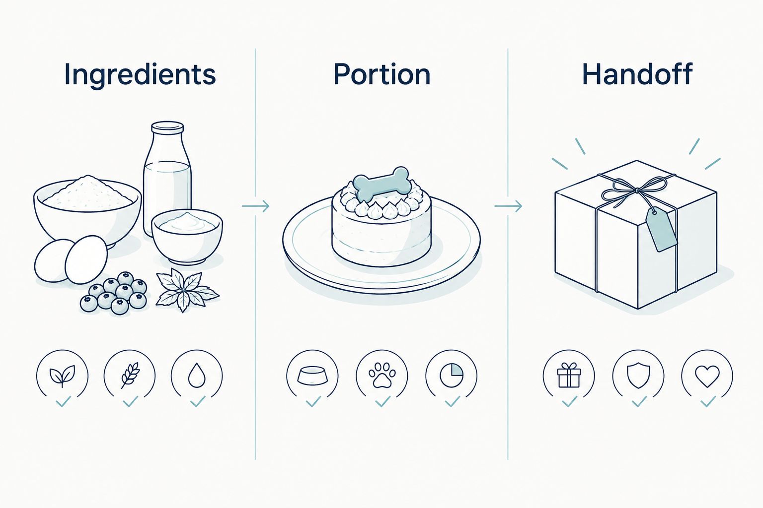 Three dog birthday cake checks: ingredients, portion, and handoff