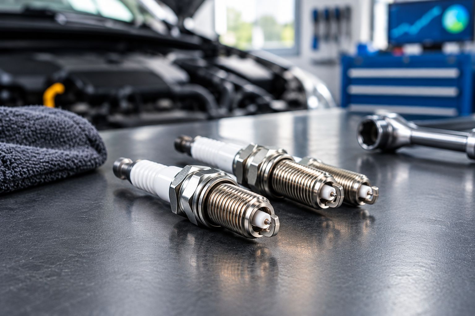 Spark plugs showing ceramic insulators, threaded shells and firing electrodes