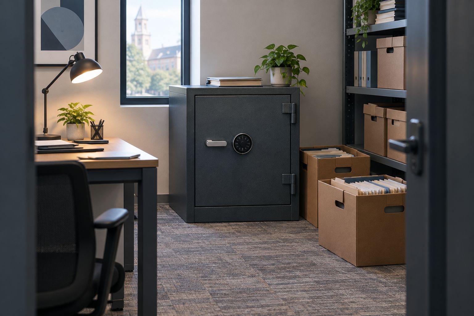 Office storage room with a fireproof filing cabinet beside archive boxes