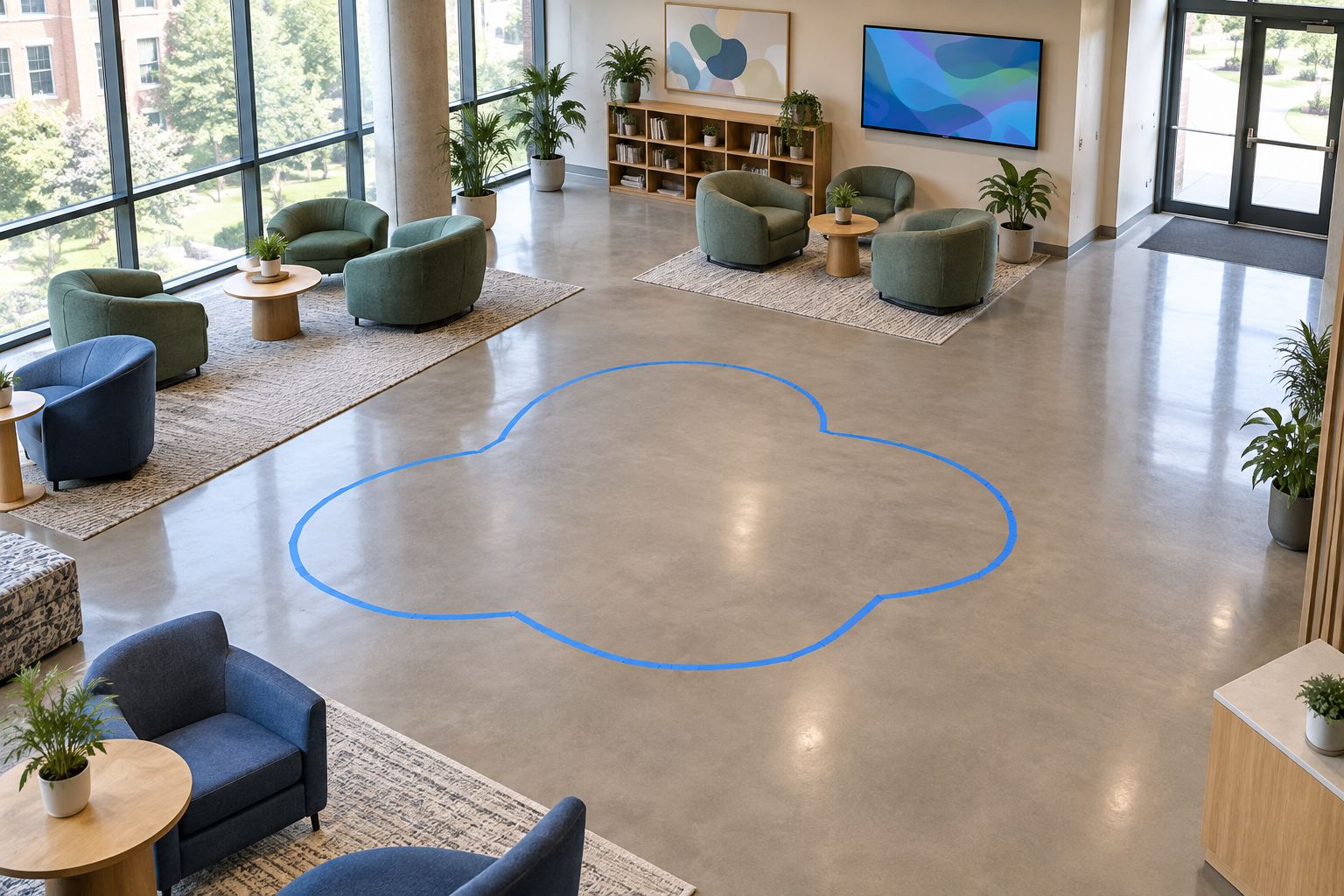 University lounge with a taped sofa footprint and an open route between existing chairs and the doorway