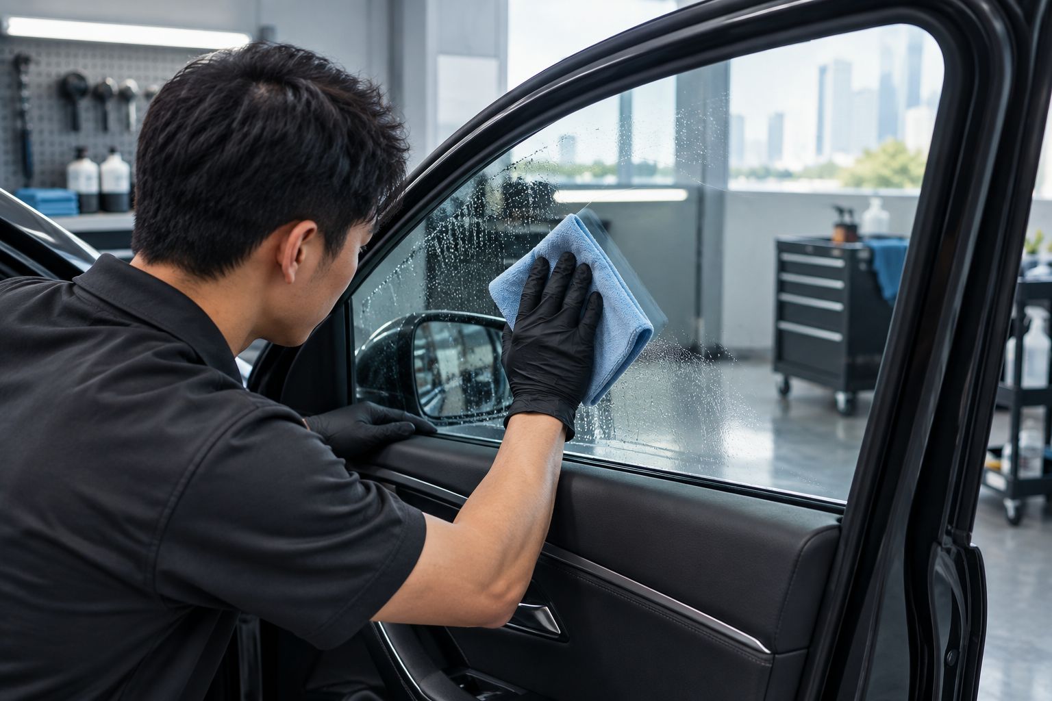 Next powered by EA Detailer Technician cleaning car side glass before window film installation