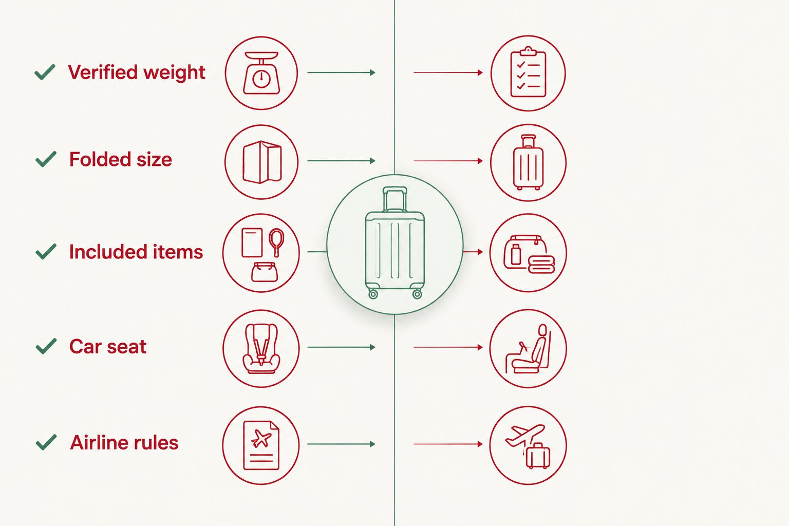 Travel stroller checklist comparing weight, folded size, included items, car seat and airline rules