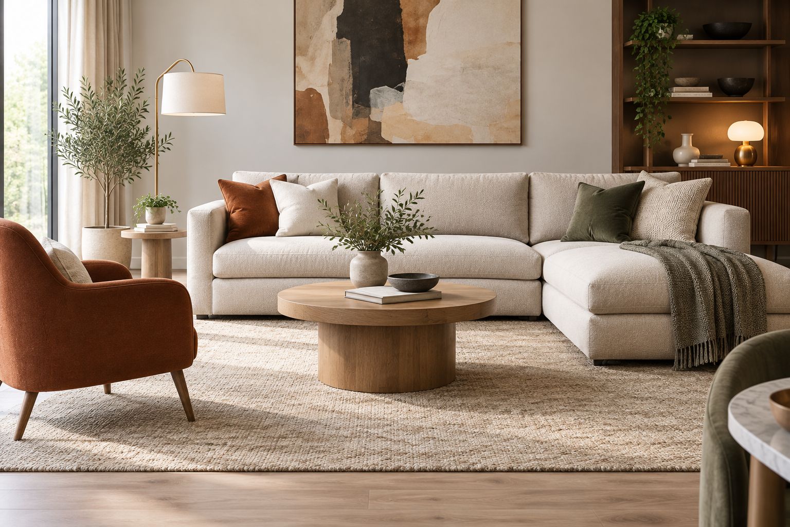Elegant living room combining an upholstered sofa, timber side table and floor lamp