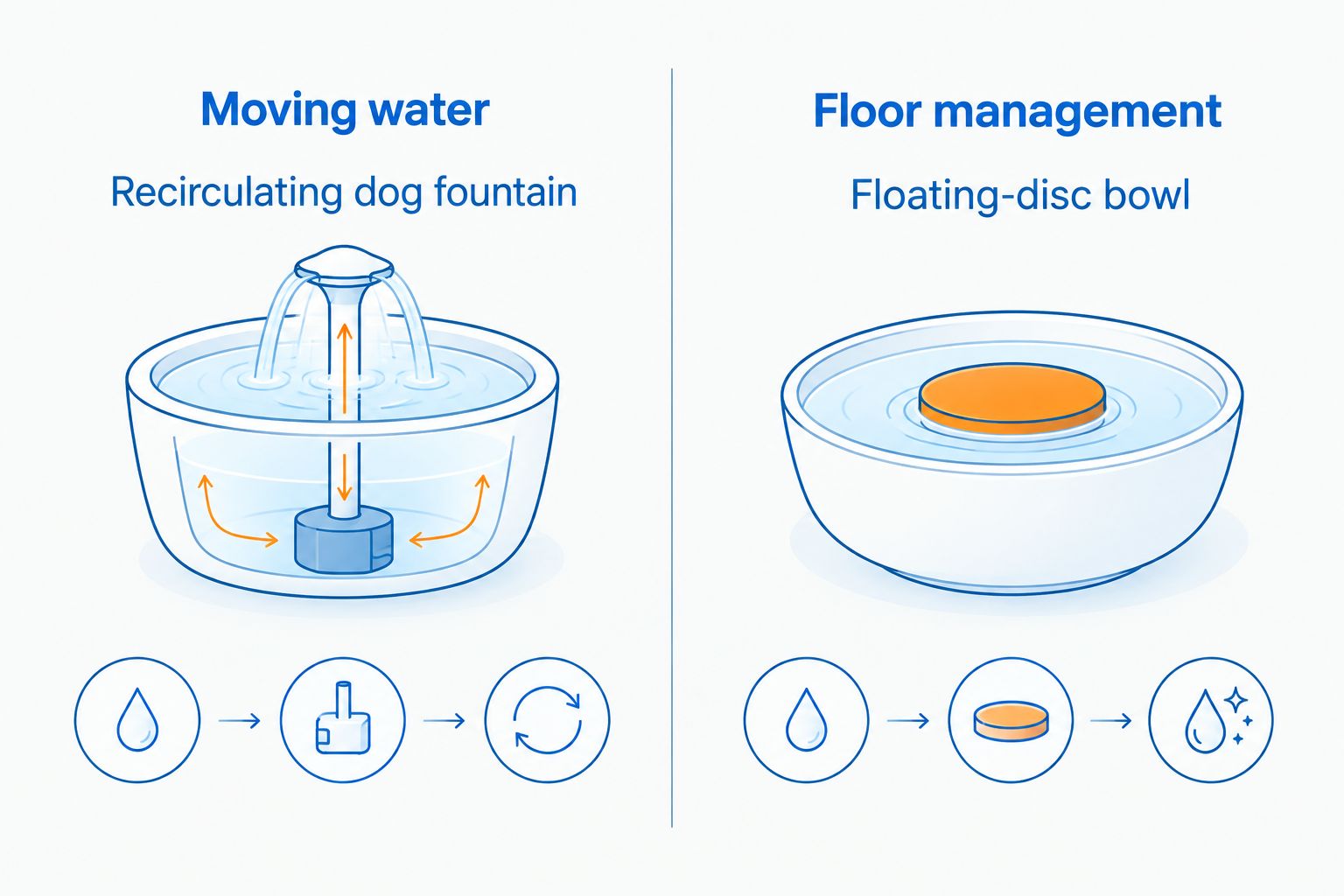 Comparison separating recirculating fountains from floating-disc bowls