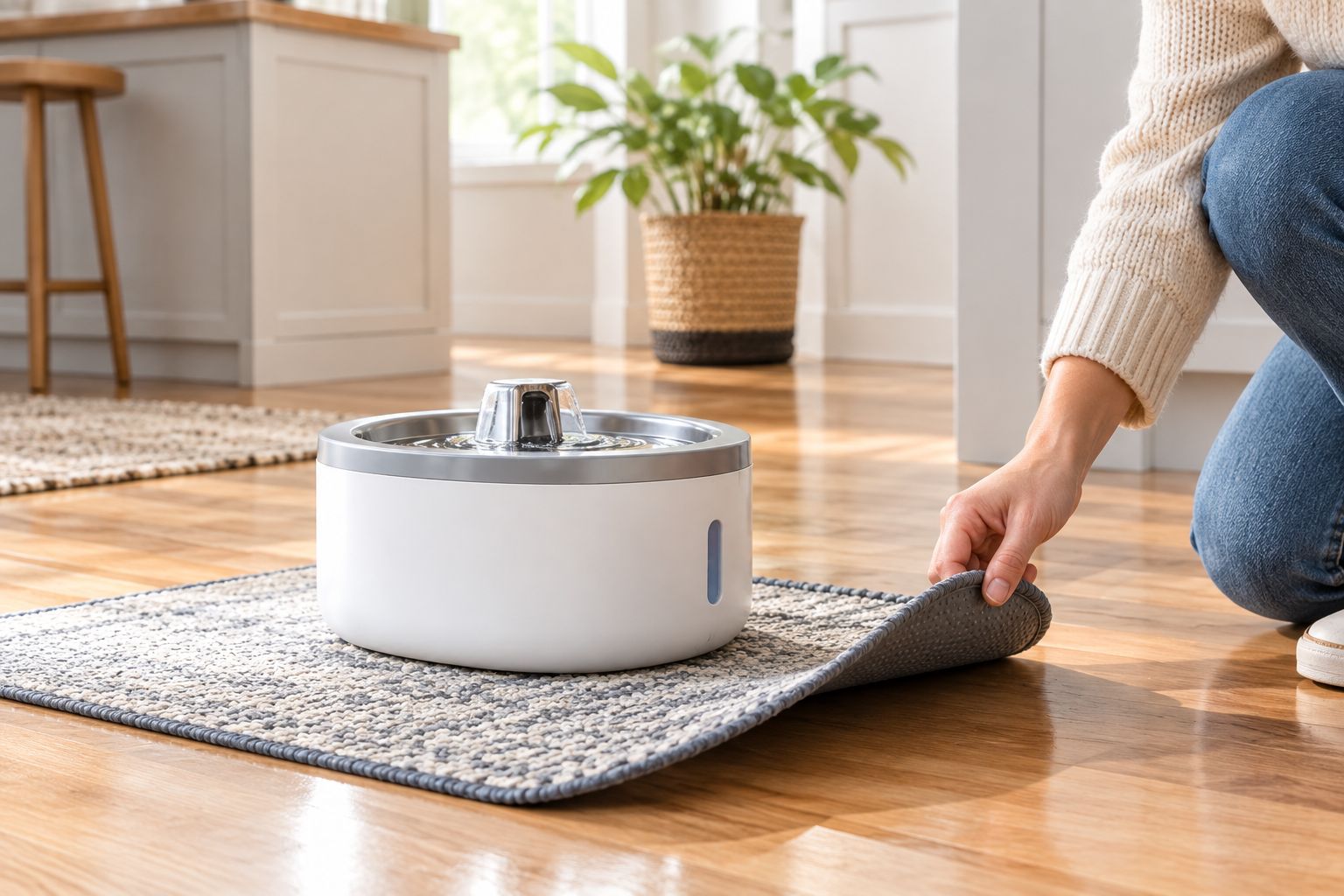 Dog water bowl on a mat with the floor underneath being checked