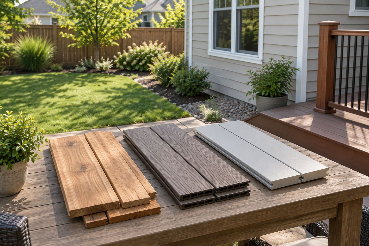 Wood, composite, and PVC deck board samples compared outdoors