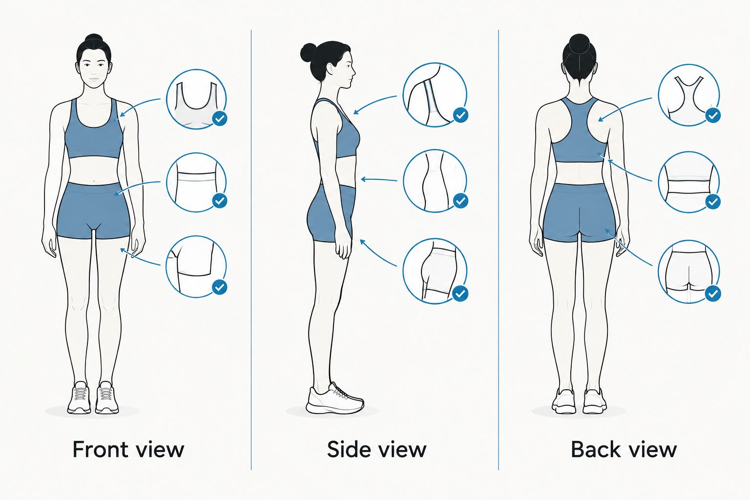 Front, side, and back views for checking the fit and coverage of posing trunks