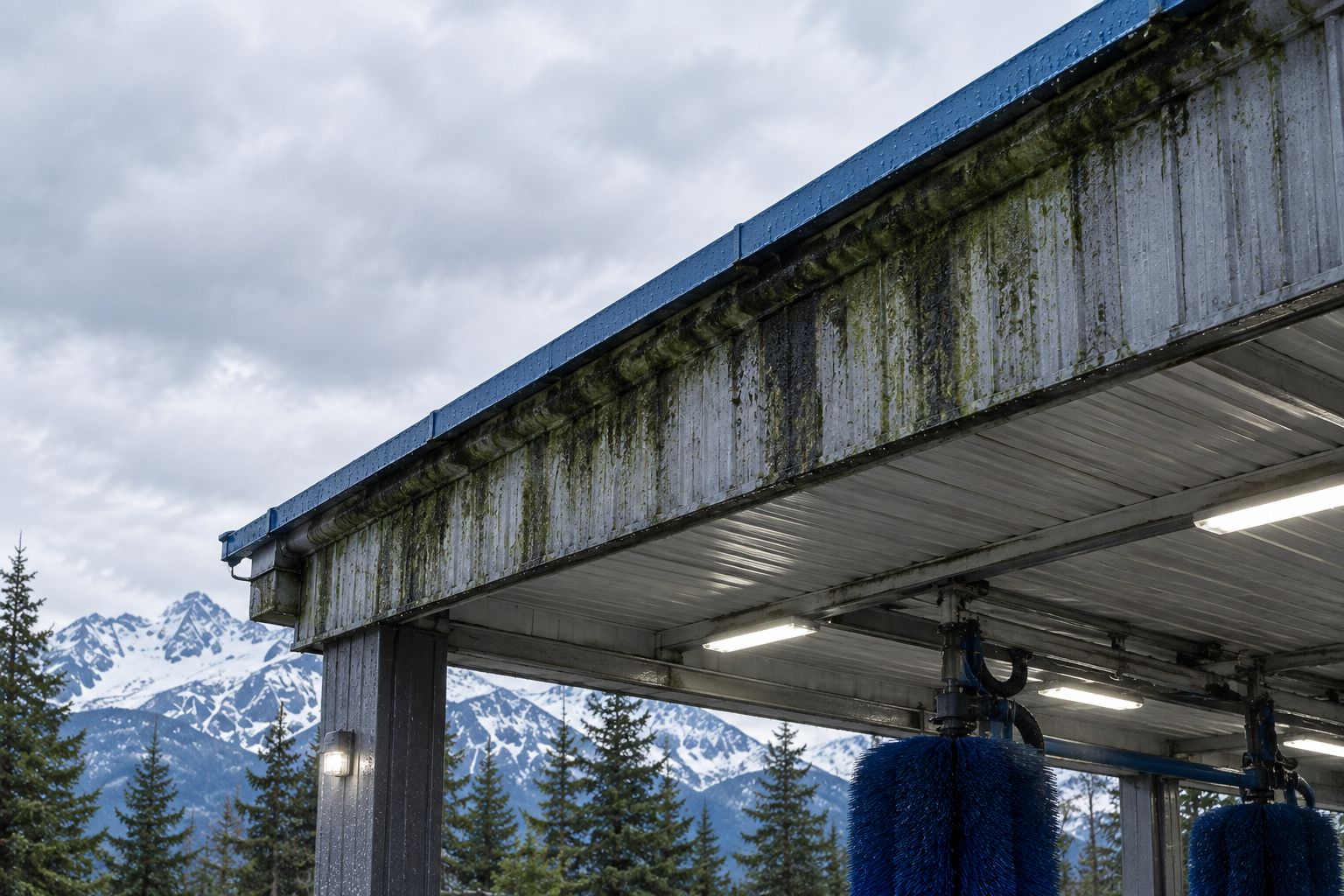Moss and algae streaking along the shaded edge of a car wash canopy roof