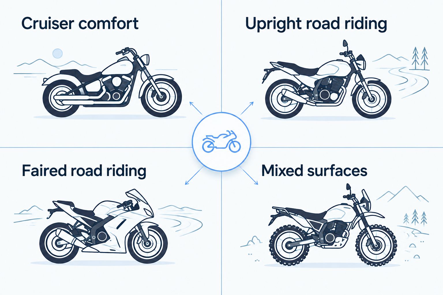 Four motorcycle categories compared: cruiser, upright road bike, faired road bike and dual-sport.