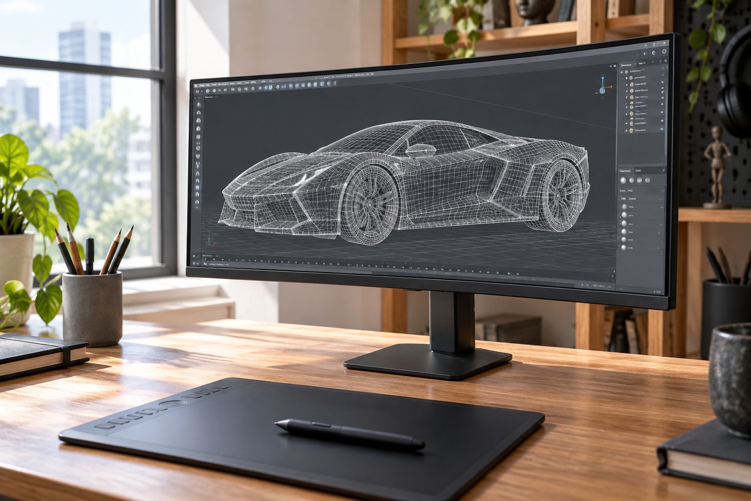 Ultrawide monitor on a desk showing a wide 3D modelling viewport