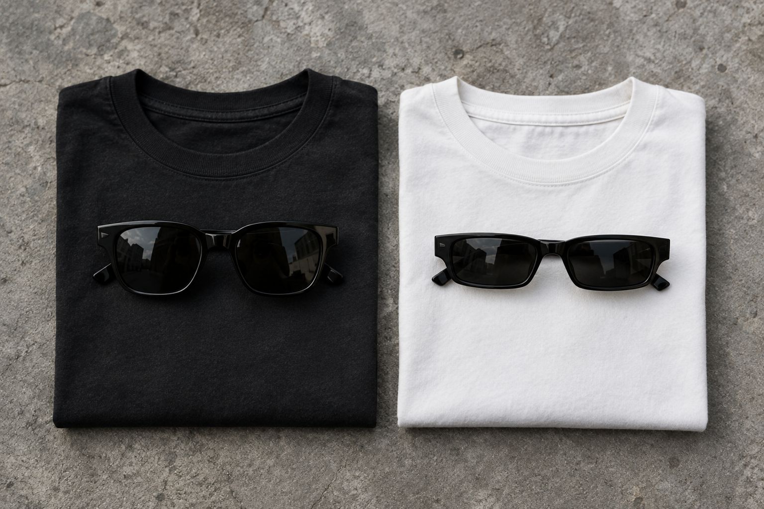 Rounded-square and narrow rectangular black sunglasses compared on plain tees