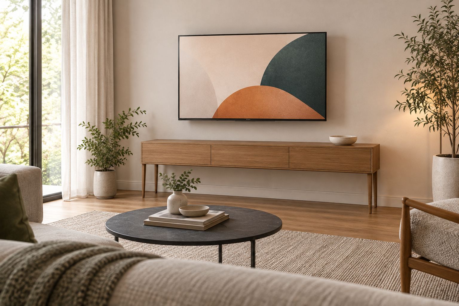 Wall-mounted television above a slim console with a clear tabletop