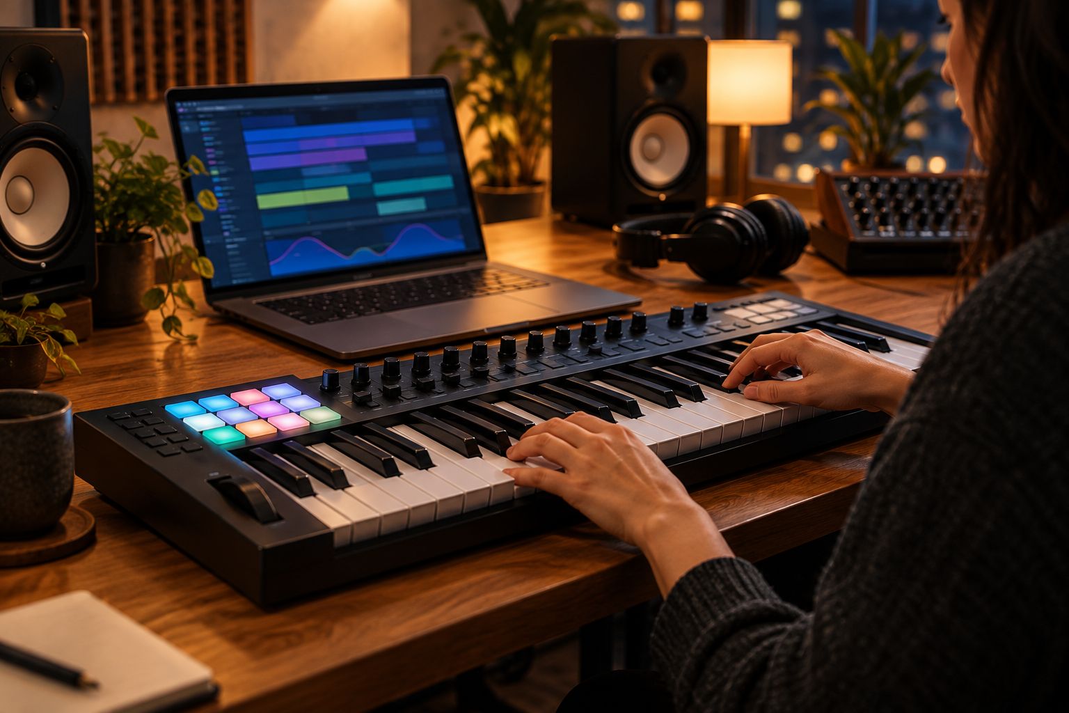 MIDI controller with glowing RGB pads on a studio desk