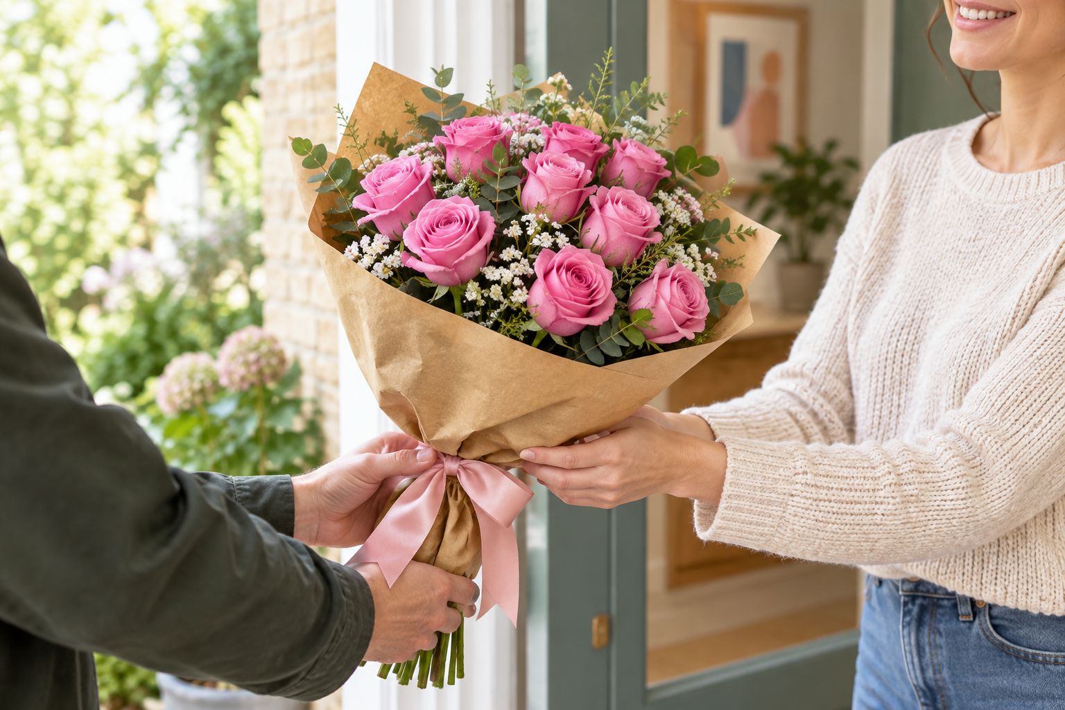 Hand-tied bouquet of pink roses at a doorway delivery handoff