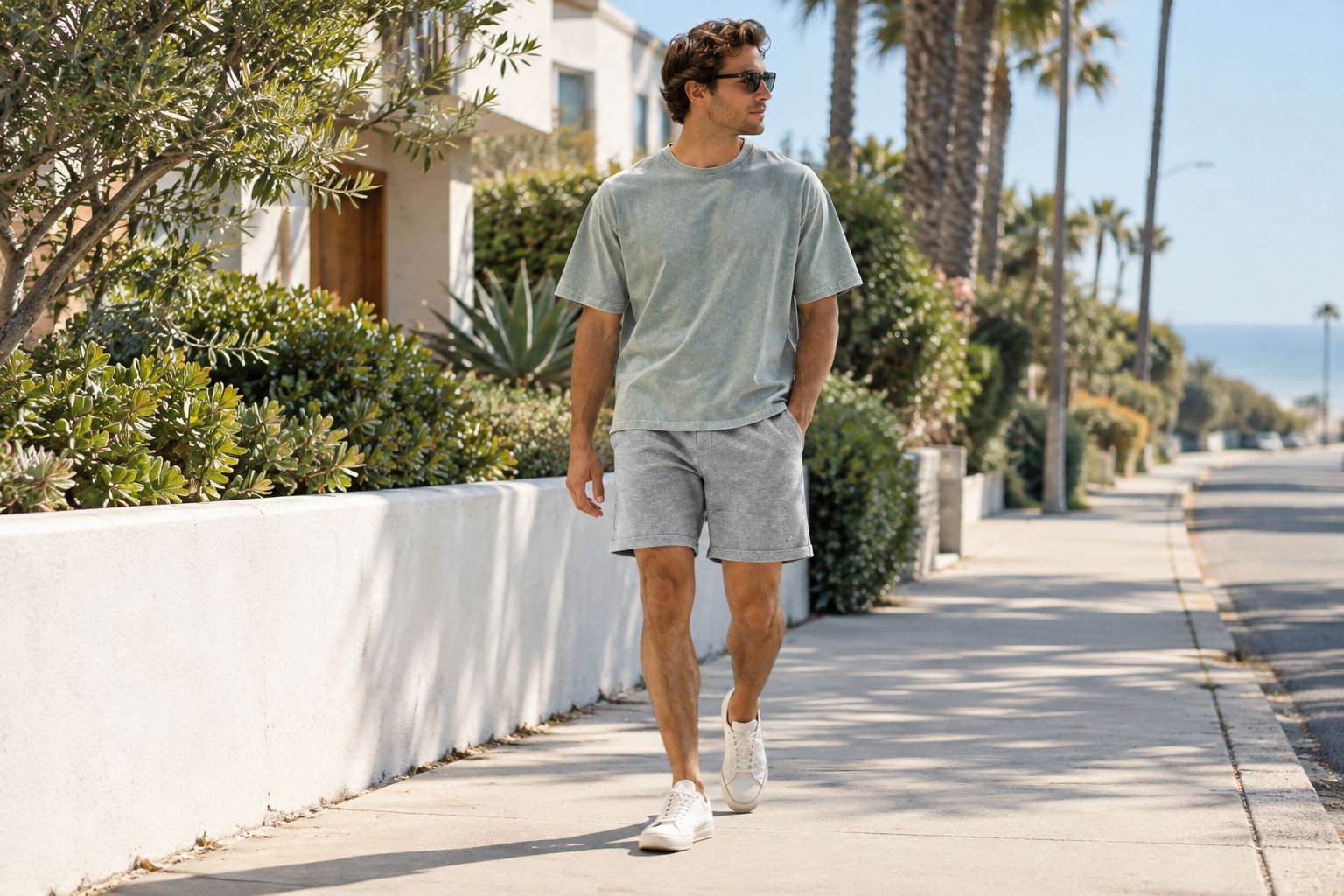 Vintage-wash shorts styled with a boxy T-shirt and simple sneakers