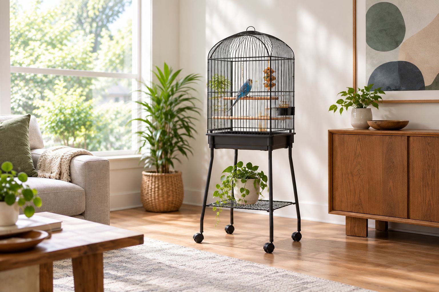 Bird cage on a rolling stand near a sunny window