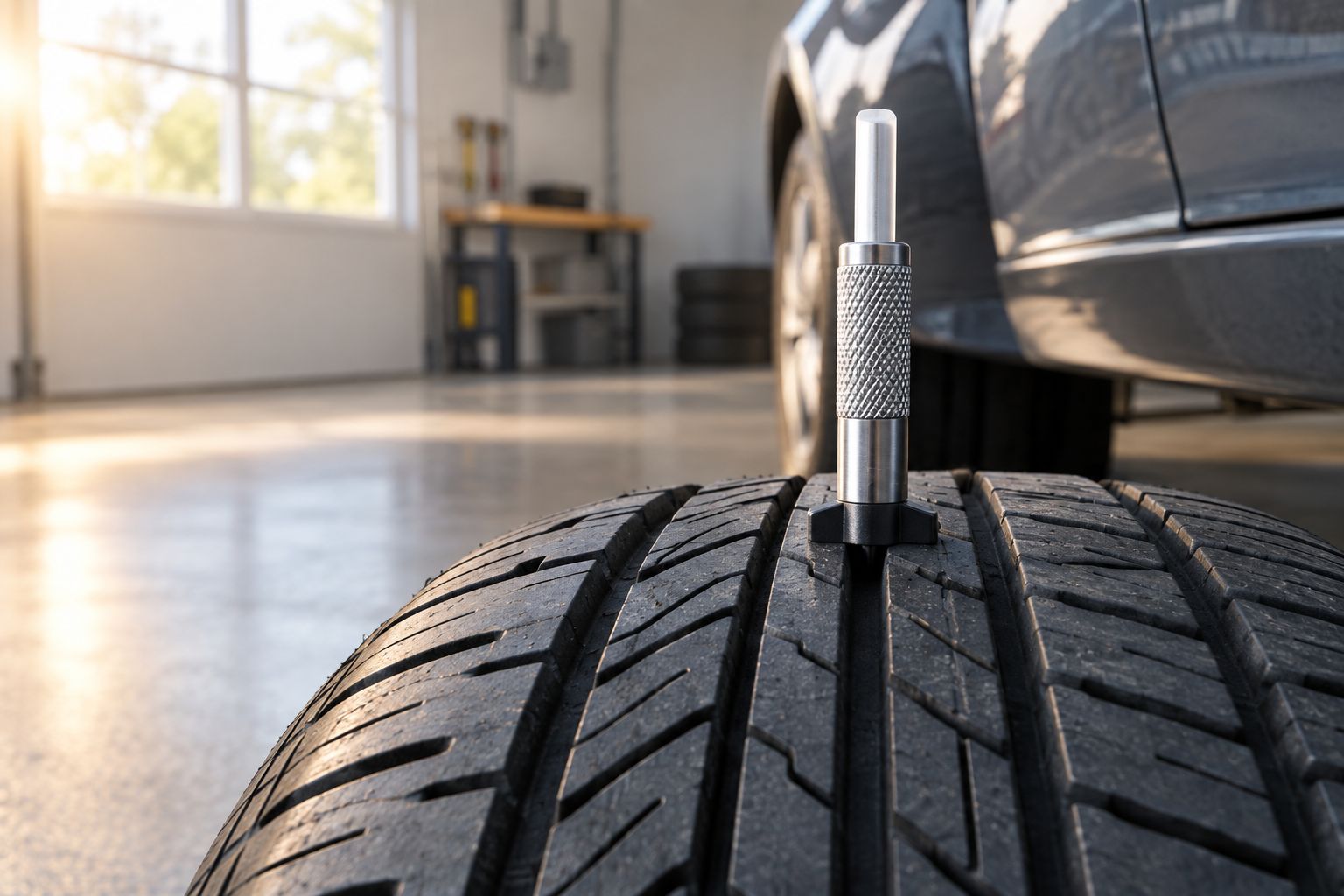 A tread-depth gauge seated in the main groove of a passenger-car tire