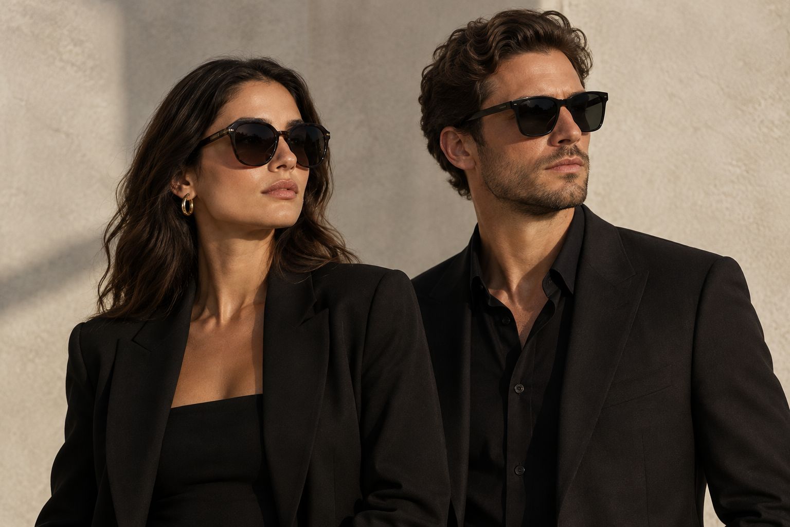 Rounded-square and angular sunglasses styled with simple evening jackets