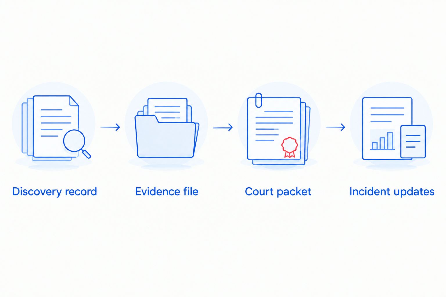 Four stages connecting a discovery record to evidence storage, court preparation, and incident updates