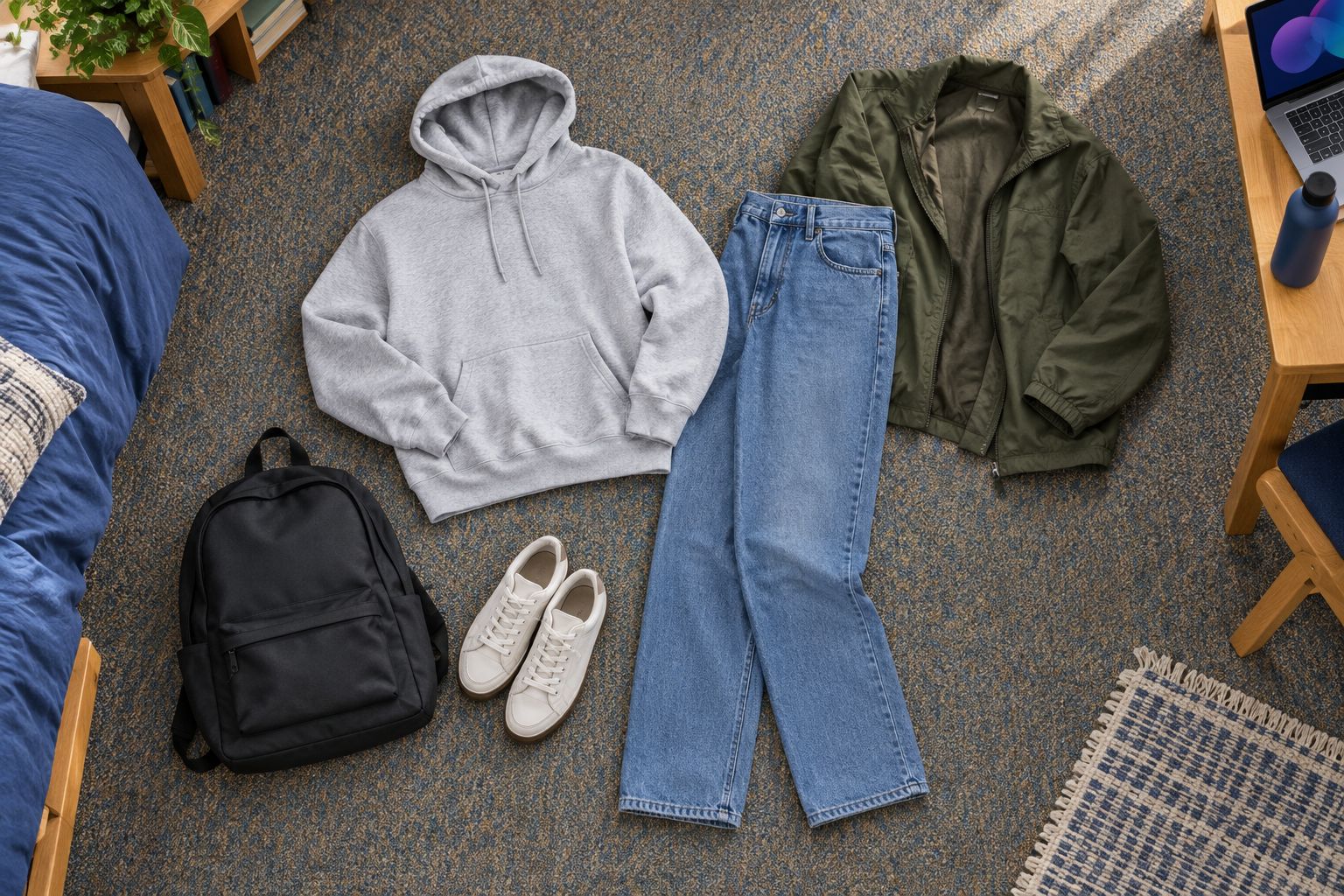 A hoodie, jeans, shoes, backpack, and jacket arranged as an everyday campus outfit