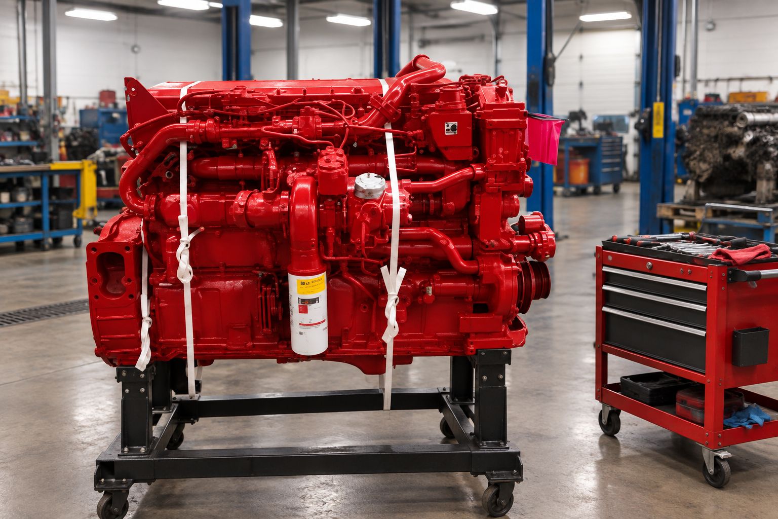 Cummins X15 diesel engine mounted on a shop stand ready for install