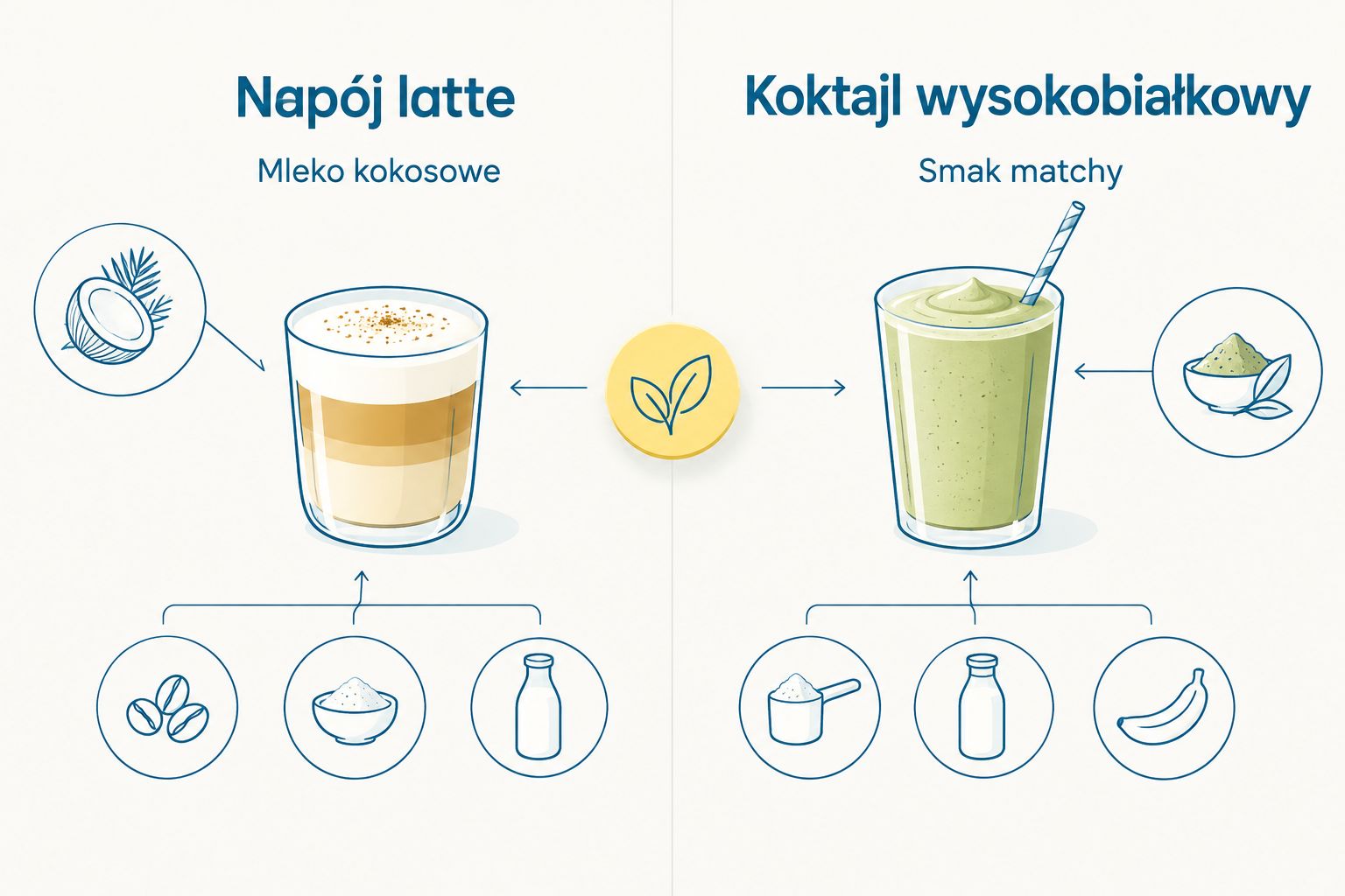 Porównanie napoju matcha latte z mlekiem kokosowym i wysokobiałkowego koktajlu o smaku matchy