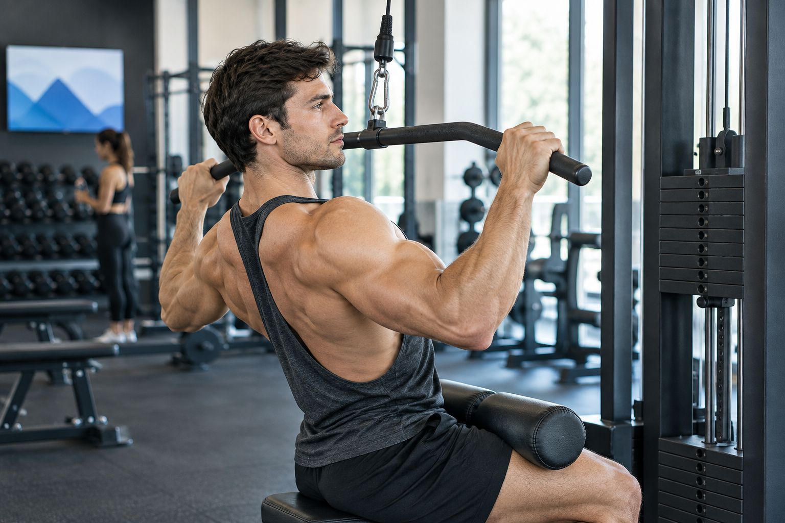 Gym-goer performing a lat pulldown in a deep-armhole tank