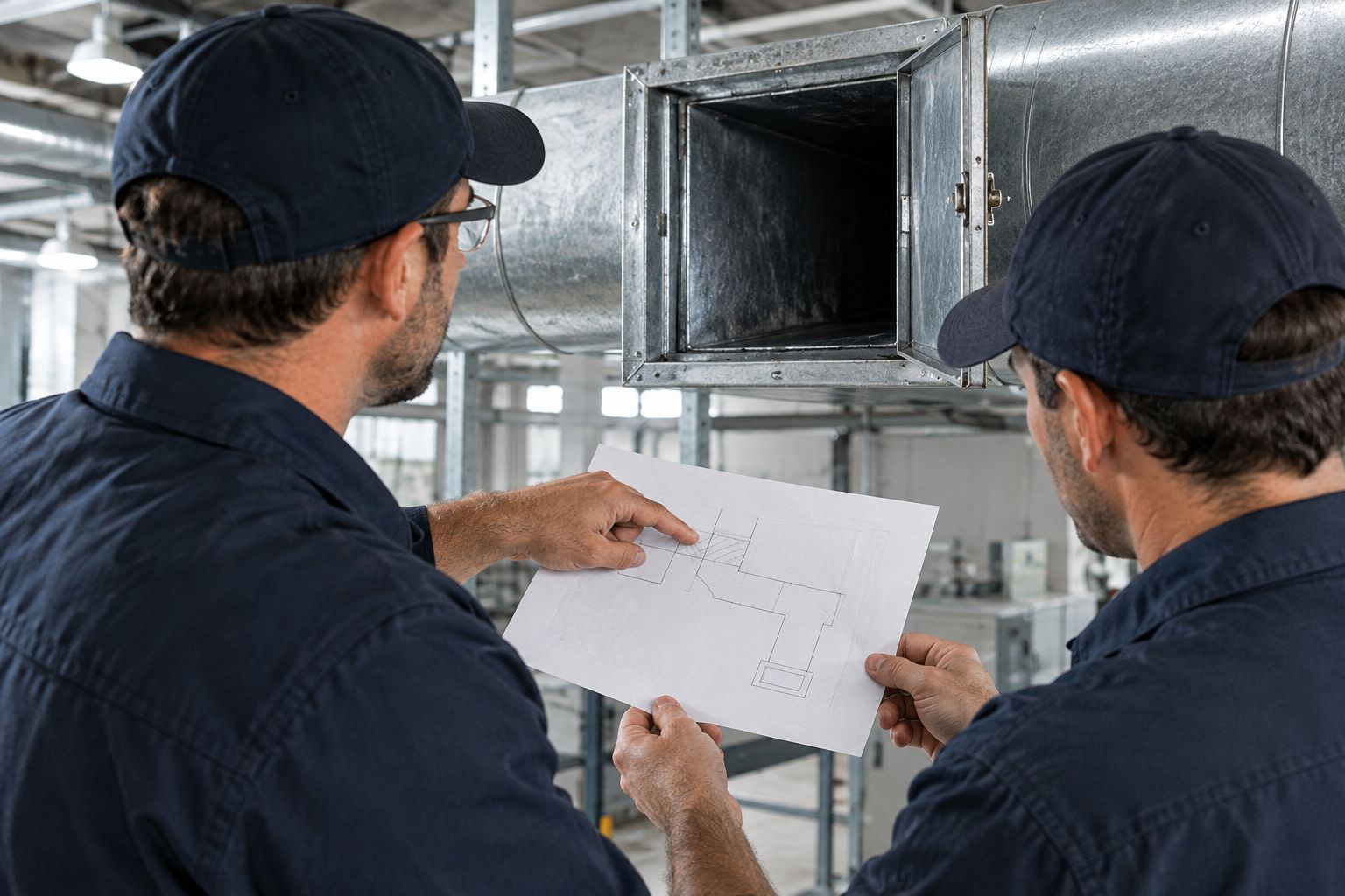 HVAC technicians planning inspection access beside an open duct panel