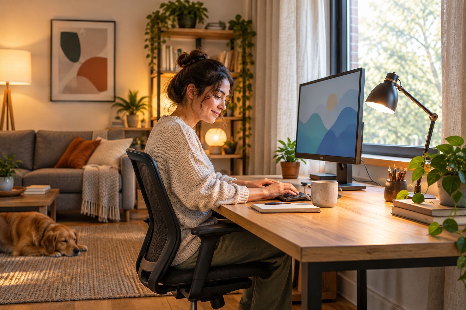 Home workspace with side daylight, curtains, and an adjustable shaded desk lamp