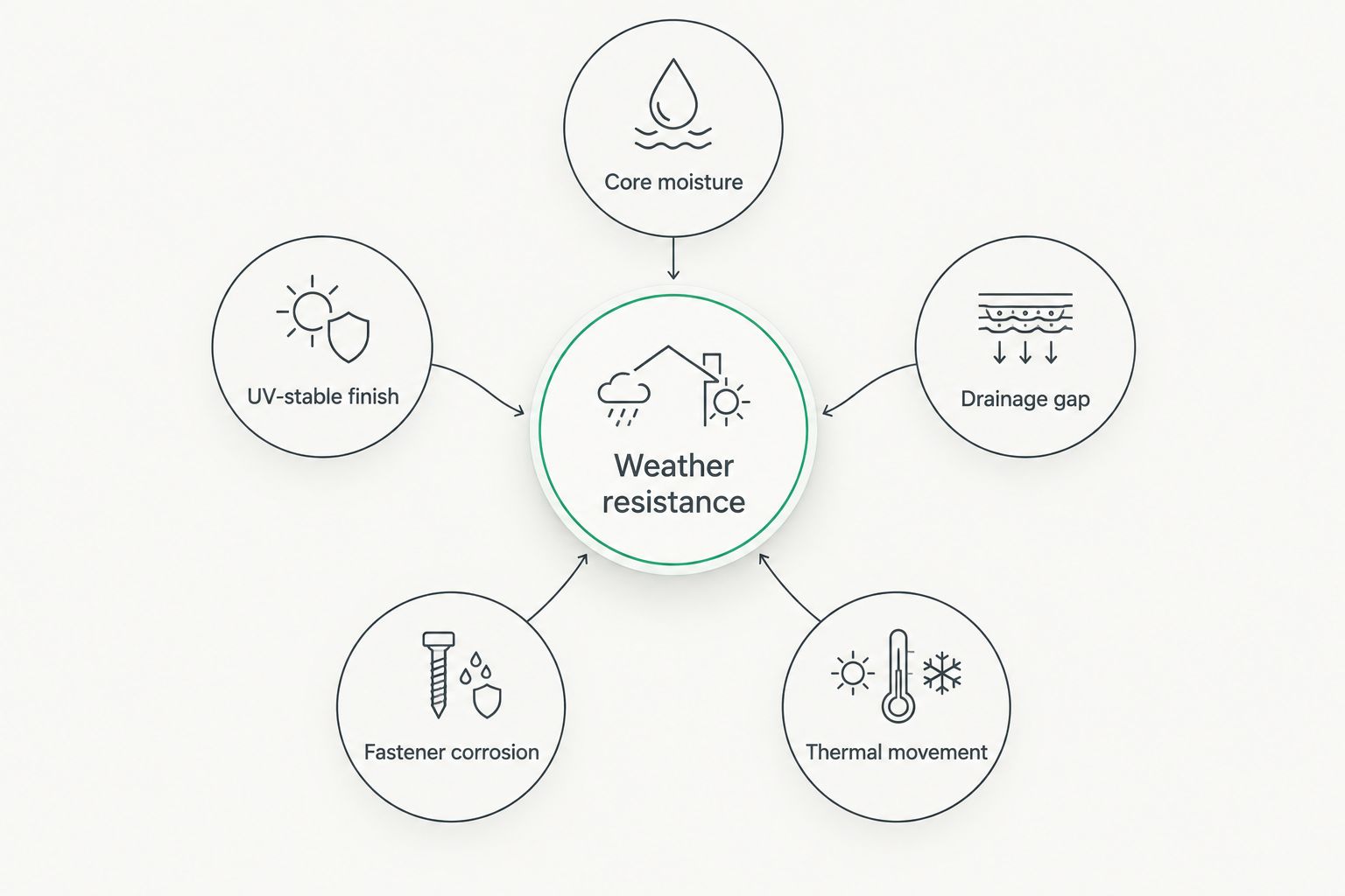 Diagram of five weather resistance factors orbiting a central hub