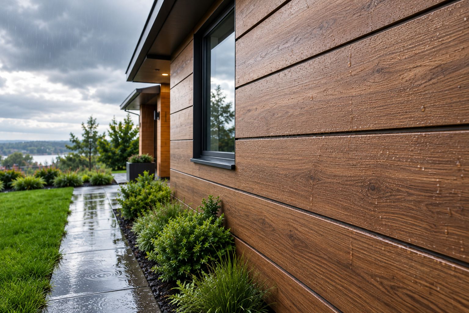 Wood veneer exterior wall panels installed on a home facade with a drainage gap