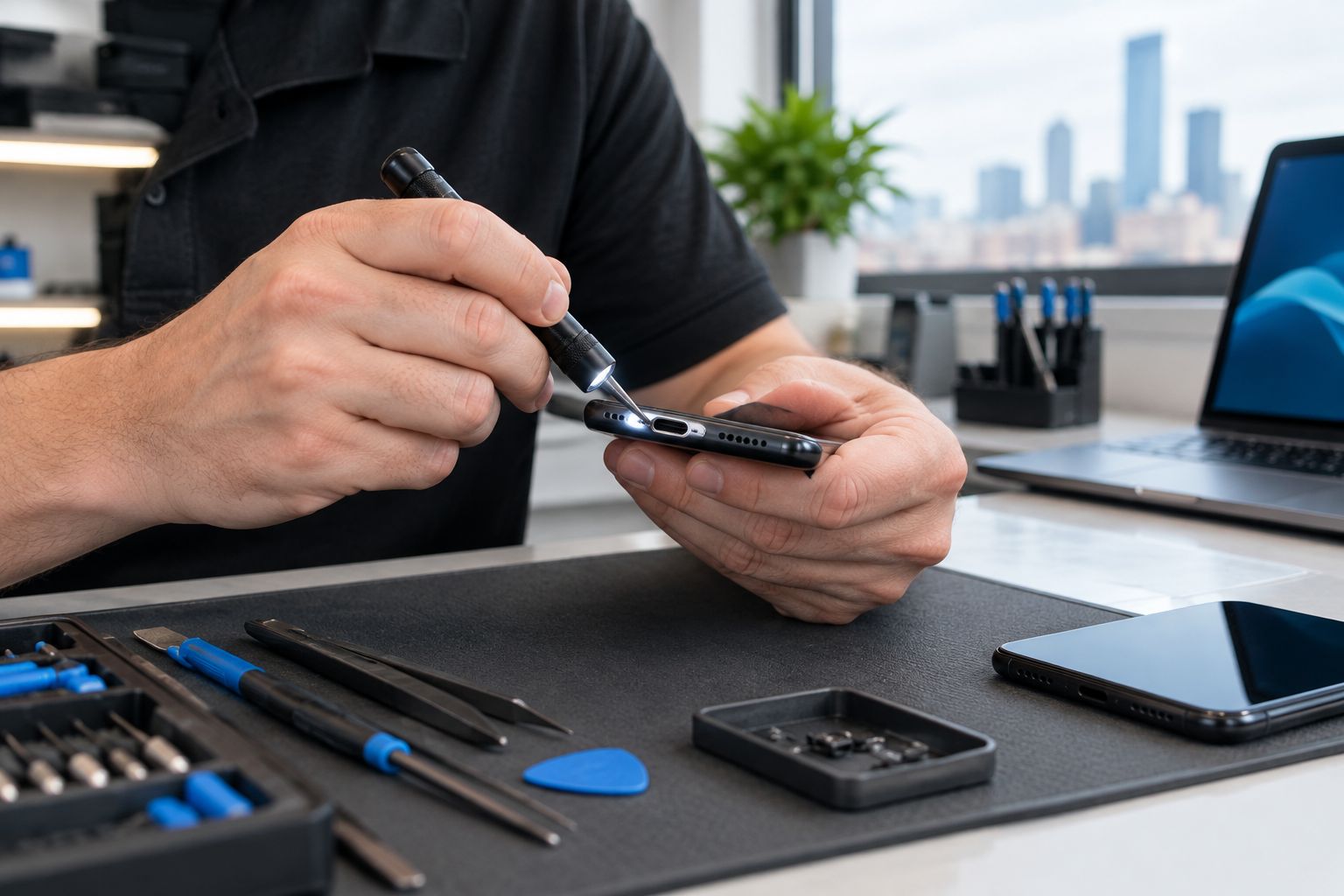 Technician inspecting a phone charging port with a flashlight and precision tool