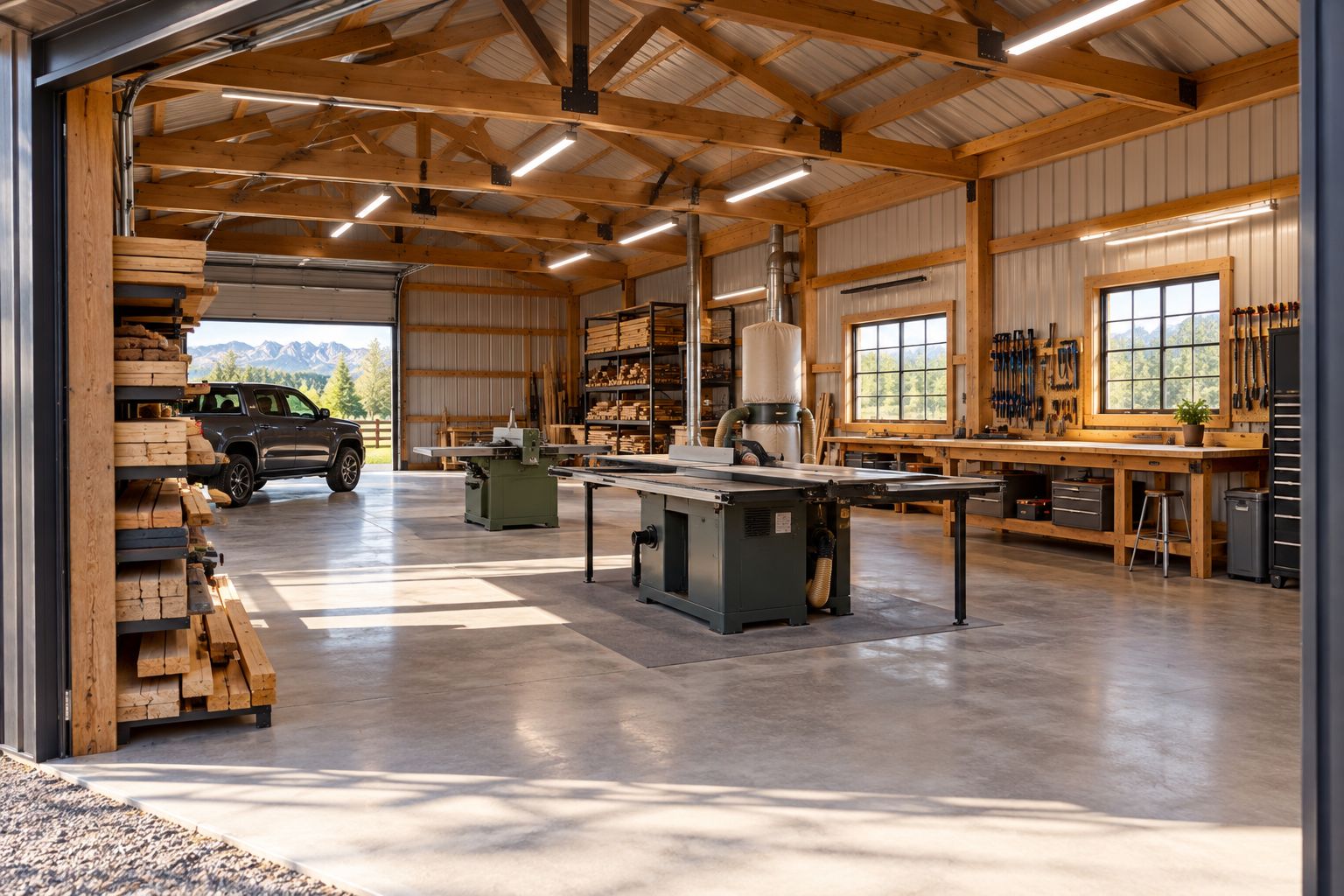 Workshop layout with separate vehicle, machine, bench and material-storage areas