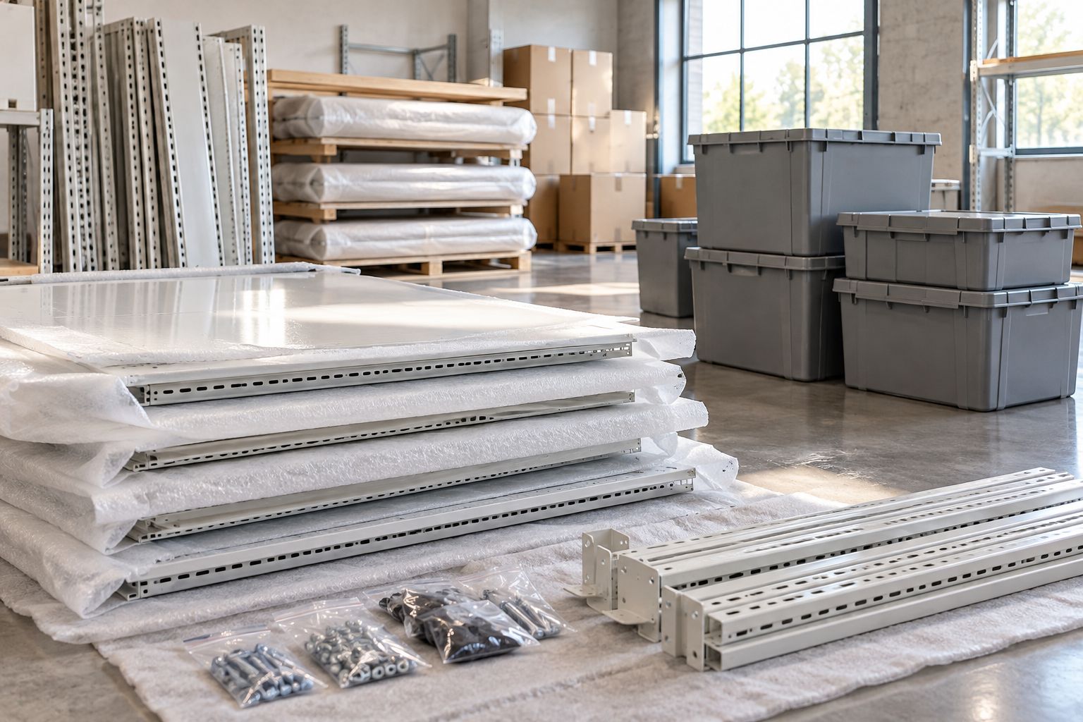 Protected retail shelving components with matching hardware bags and grouped moving containers