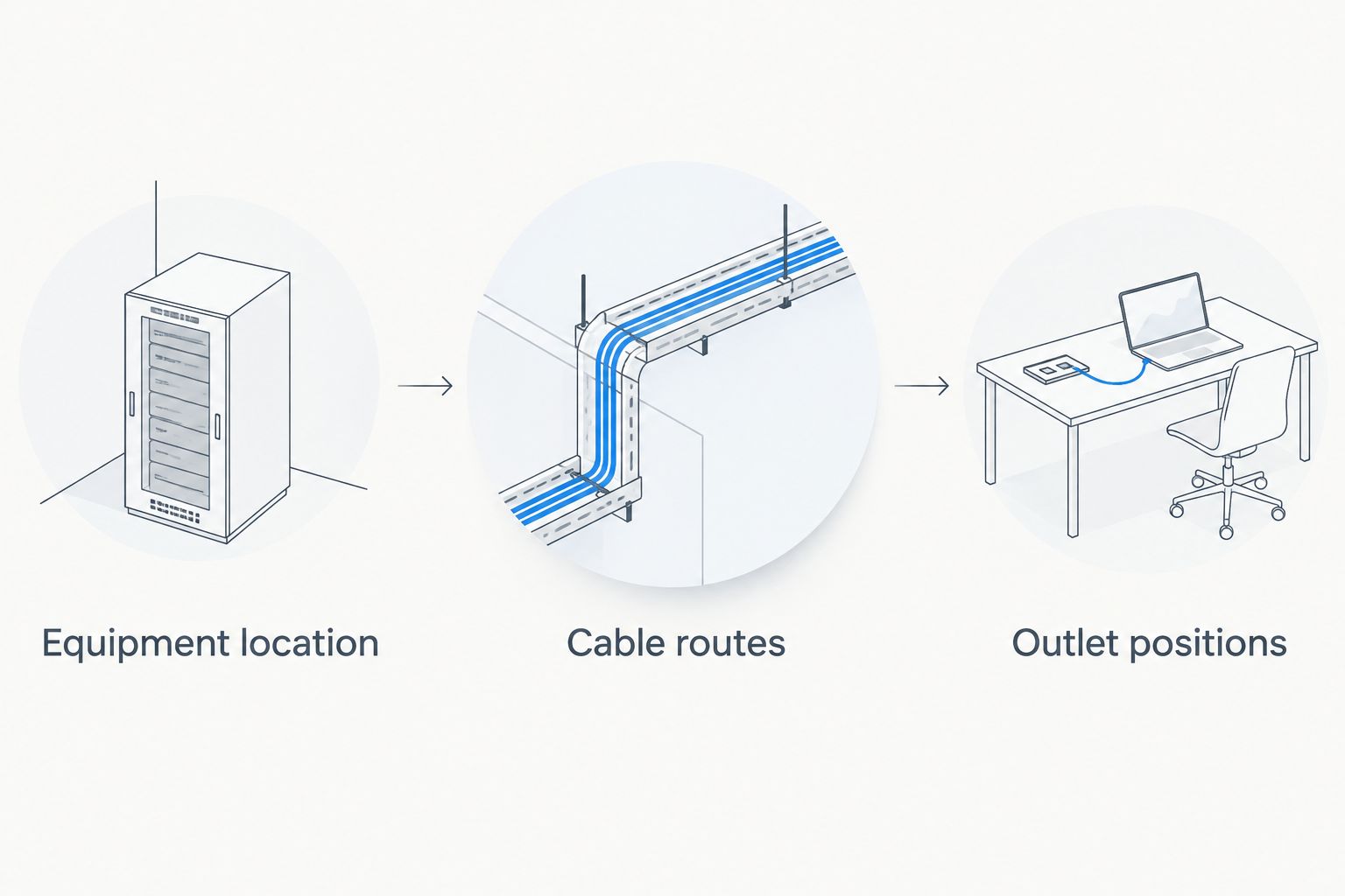 Cable planning sequence from equipment location through cable routes to outlet positions