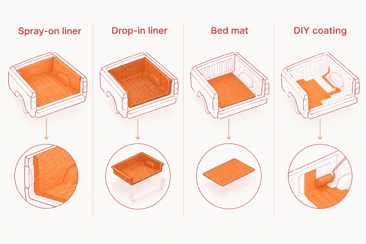 Comparison of attached spray-on coverage, a removable insert, a floor mat, and a DIY coating