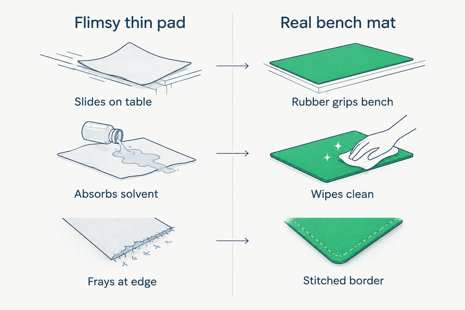 Side-by-side of thin pad failures versus a real gun cleaning mat