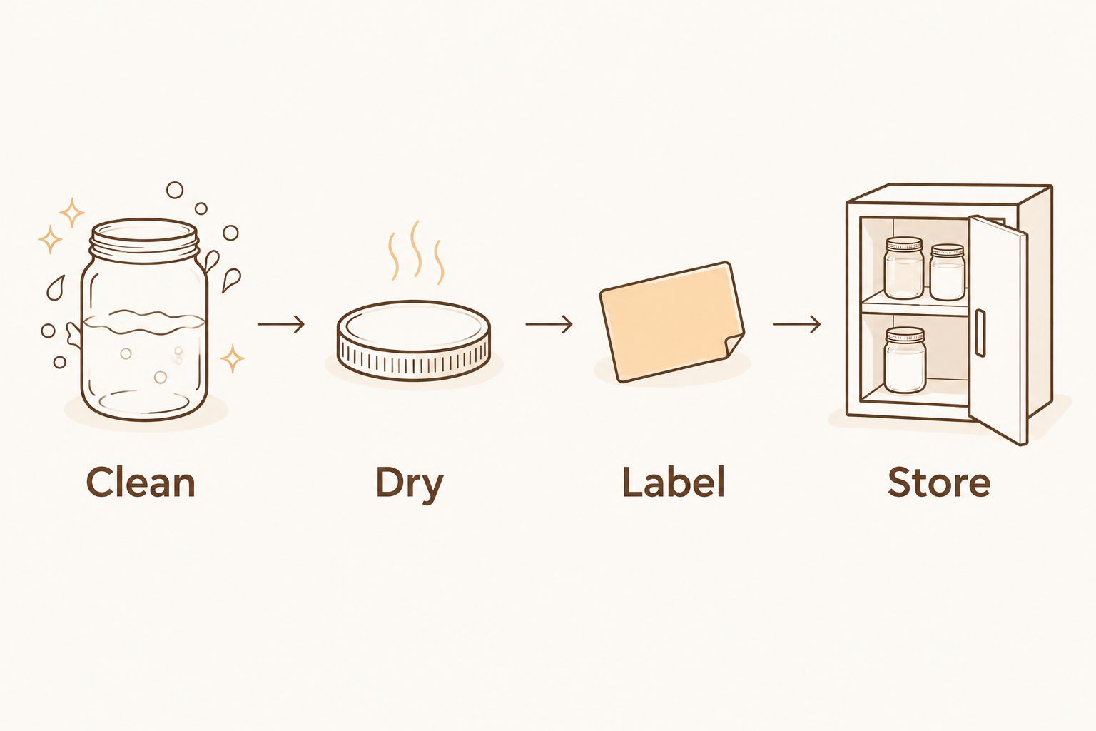Four steps for preparing spice containers: clean, dry, label, and store.