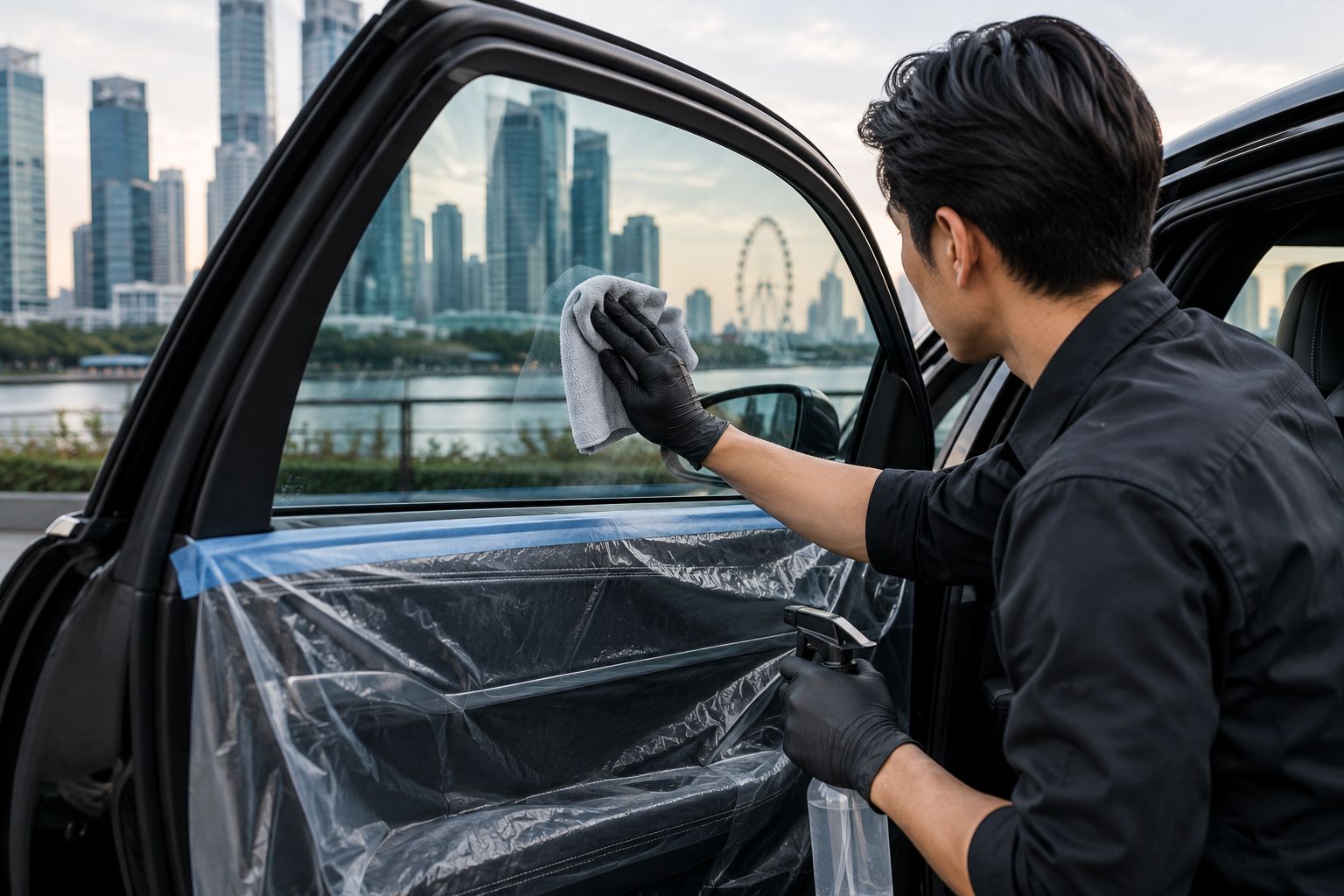 Next powered by EA Detailer Technician preparing executive-car side glass with the door trim protected